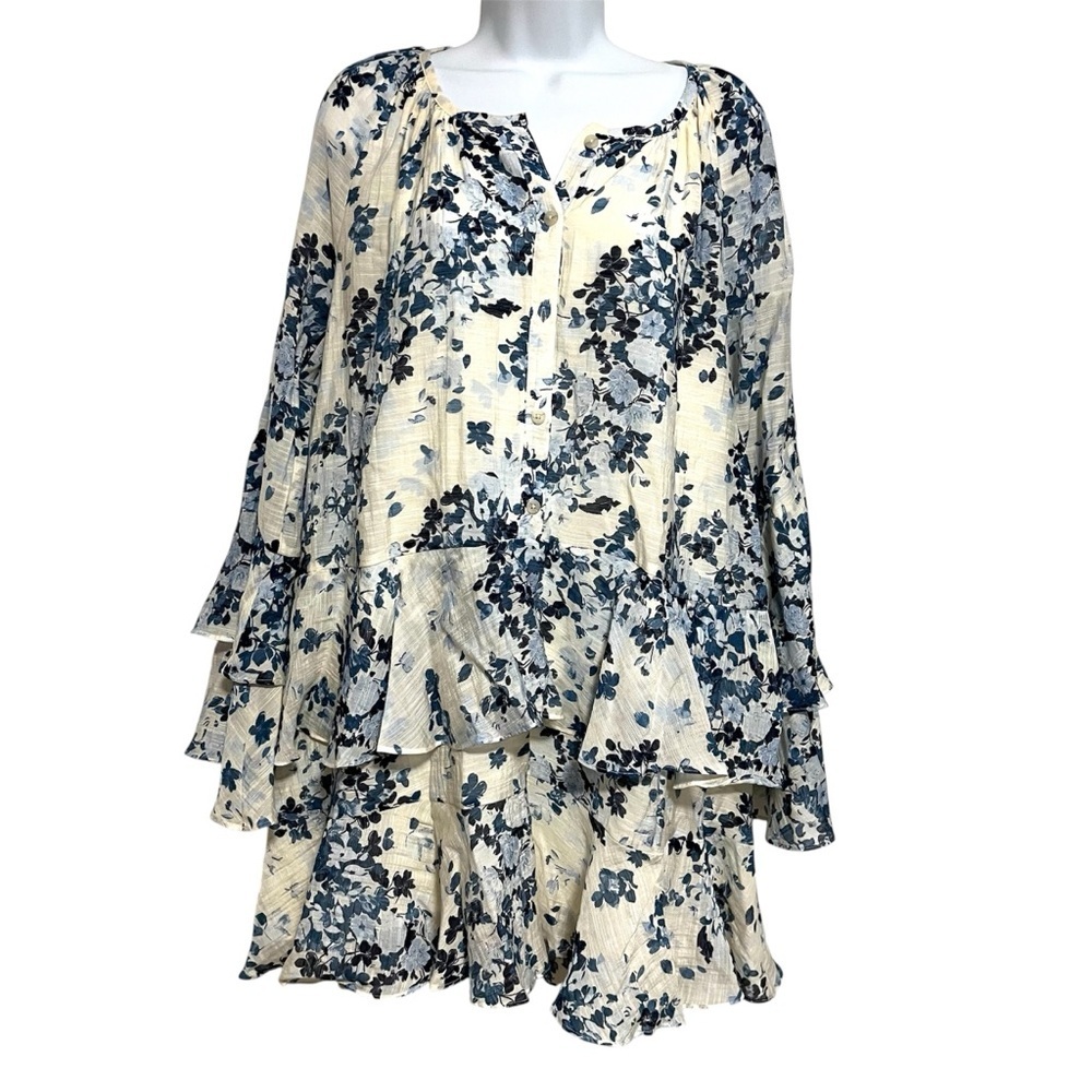 Maeve Tiered Mini Swing Dress Blue Floral Size Medium Long Bell Sleeve Coastal